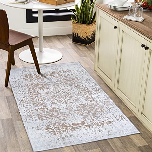 RoomTalks Vintage Boho Persian Oriental Bathroom Rugs Kitchen Rug Non-Slip Machine Washable, Flatweave Ultra Thin 2x3 Throw Rugs Accent Small Area Rug Entryway Indoor Front Door Mat