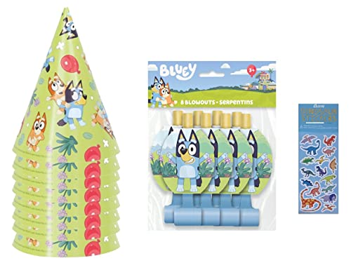 Unique Bluey Birthday Party Supplies Bundle includes 8 Party Hats and 8 Party Blowouts