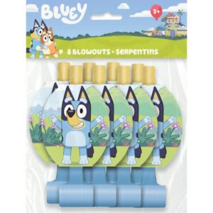 Unique Bluey Birthday Party Supplies Bundle includes 8 Party Hats and 8 Party Blowouts