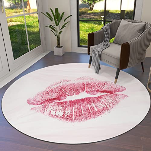 Valentine's Day Round Area Rug 4 Feet Sexy Lips Print Happy Non Slip and Washable Cute Circle Carpets Nursery Rug for Indoor Kids Baby Bedroom Living Room Entryway Home Decor