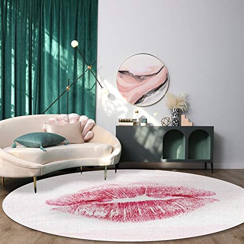 Valentine's Day Round Area Rug 4 Feet Sexy Lips Print Happy Non Slip and Washable Cute Circle Carpets Nursery Rug for Indoor Kids Baby Bedroom Living Room Entryway Home Decor