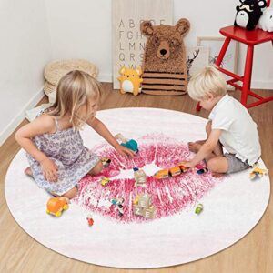 Valentine's Day Round Area Rug 4 Feet Sexy Lips Print Happy Non Slip and Washable Cute Circle Carpets Nursery Rug for Indoor Kids Baby Bedroom Living Room Entryway Home Decor