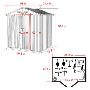 MUPATER Shed Outdoor Storage 8x6 FT, Metal Shed Kit with Lockable Doors and Vents, Garden Tool Storage Shed House for Backyard, Patio and Lawn, Grey