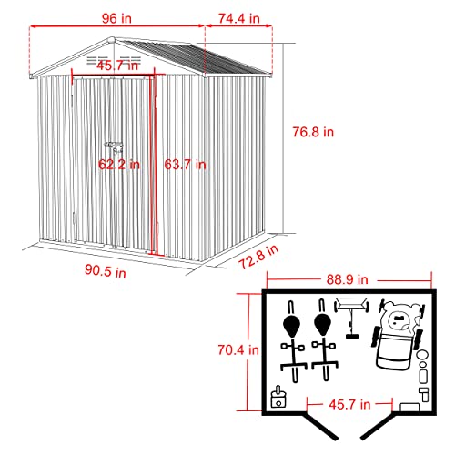MUPATER Shed Outdoor Storage 8x6 FT, Metal Shed Kit with Lockable Doors and Vents, Garden Tool Storage Shed House for Backyard, Patio and Lawn, Grey