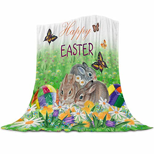 Happy Easter Blanket Easter Rabbit Bunny Eggs Spring Easter Throw Blanket Soft Lightweight Durable Flannel Blanket for Bed Sofa Couch Camping Travel 40"x50"