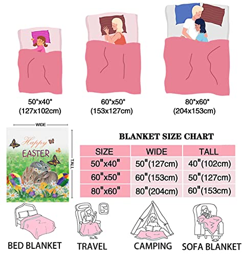 Happy Easter Blanket Easter Rabbit Bunny Eggs Spring Easter Throw Blanket Soft Lightweight Durable Flannel Blanket for Bed Sofa Couch Camping Travel 40"x50"