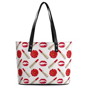 womens handbag red lipstick and flowers leather tote bag top handle satchel bags for lady
