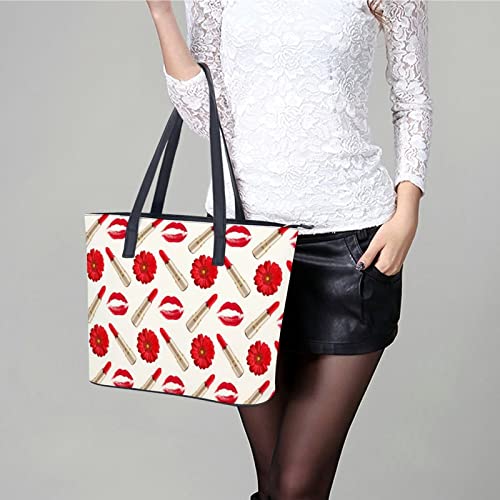 Womens Handbag Red Lipstick And Flowers Leather Tote Bag Top Handle Satchel Bags For Lady