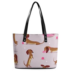 Womens Handbag Dachshund Dog Pattern Leather Tote Bag Top Handle Satchel Bags For Lady