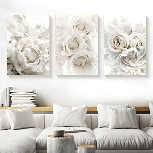 White Rose Canvas Wall Art White Flowers Picture for Living Room Bedroom Peony Flower Paintings White Floral Canvas Wall Art Abstract White Flower Wall Art Modern Flower Pictures 16x24inchx3 No Frame