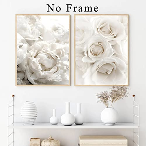 White Rose Canvas Wall Art White Flowers Picture for Living Room Bedroom Peony Flower Paintings White Floral Canvas Wall Art Abstract White Flower Wall Art Modern Flower Pictures 16x24inchx3 No Frame