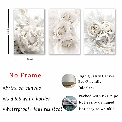 White Rose Canvas Wall Art White Flowers Picture for Living Room Bedroom Peony Flower Paintings White Floral Canvas Wall Art Abstract White Flower Wall Art Modern Flower Pictures 16x24inchx3 No Frame