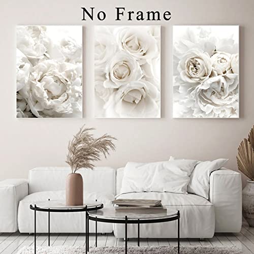 White Rose Canvas Wall Art White Flowers Picture for Living Room Bedroom Peony Flower Paintings White Floral Canvas Wall Art Abstract White Flower Wall Art Modern Flower Pictures 16x24inchx3 No Frame