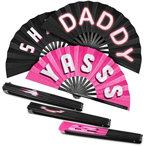 3 Pcs Large Bamboo Hand Fan Rave Fan Folding Fan Foldable Clack Fan Yasss Shade Daddy Fan Handheld Chinese Fan for Women Men Festivals Parades Christmas Party Performance Dance, 26 Inch (Novelty)