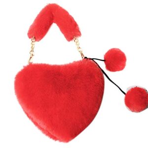 valentine’s day heart shaped purse faux fur shoulder bag, heart shaped handbag plush clutch purse with metal chain strap