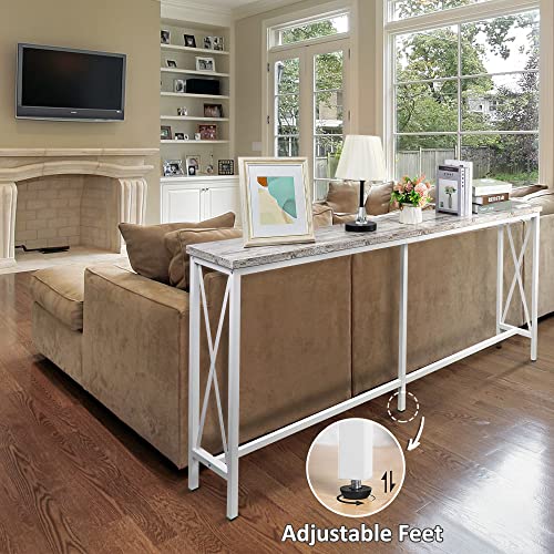 VIKIZUES Console Table with Power Outlets & USB Ports, 70" Narrow Sofa Table with Metal Frame, Entryway Table for Living Room Hallway Foyer Entrance, Couch Table Behind Sofa, Vintage White