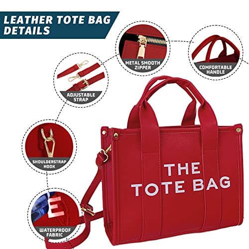 The Tote Bag for Women, Leather Tote Bag Red with Zipper, Women's Tote Bag Sturdy Durable Waterproof Cute Handbag, Tote Purse Crossbody Shoulder Bag for School, Work, Travel