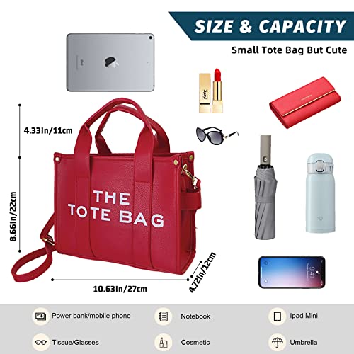 The Tote Bag for Women, Leather Tote Bag Red with Zipper, Women's Tote Bag Sturdy Durable Waterproof Cute Handbag, Tote Purse Crossbody Shoulder Bag for School, Work, Travel