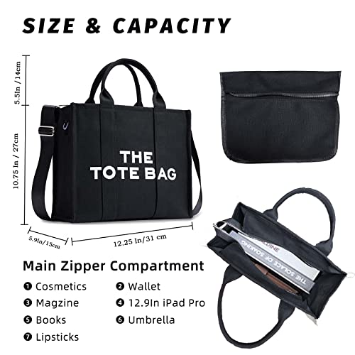 CASTNICH The Tote Bag for Women, Canvas Tote Bag Black with Zipper, Sturdy Wear-Resistant Handbag Women's Tote Bag, Tote Purse Crossbody Shoulder Bag, Tote Bag for Work, School, Travel