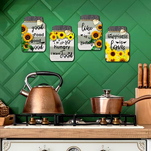 JINRICH Set of 4 Sunflower Kitchen Wall Decor Mason Jar Wood Rustic Wall Decor Decor Farmhouse Kitchen Wall Art Signs for Kitchen and Home Decor 7x4.7 inches (modern minimalist)