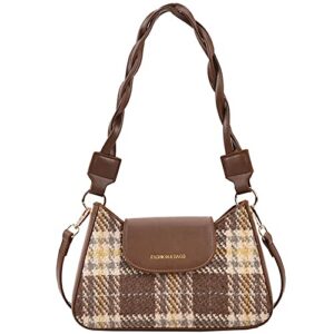 RTGGSEL Trendy Women‘s Lattice Plaid Striped Woolen Saddle Crossbody Shoulder Handbags Underarm Satchel Tote Clutch Purse Hobo Bag (Coffee)