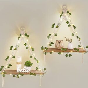 Mkono Artificial Ivy Macrame Hanging Shelves with Lights Set of 2 Boho Wall Decor Display Plants Photos Wood Floating Storage Shelf for Bedroom Bathroom Living Room Nursery Dorm Kitchen