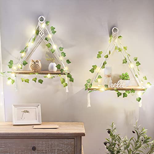 Mkono Artificial Ivy Macrame Hanging Shelves with Lights Set of 2 Boho Wall Decor Display Plants Photos Wood Floating Storage Shelf for Bedroom Bathroom Living Room Nursery Dorm Kitchen