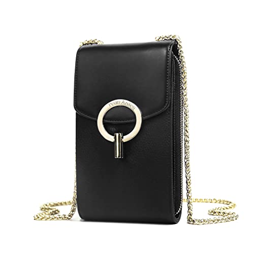 Pearl Angeli Crossbody Cell Phone Purses for women Small Leather Shoulder Wallet with RFID Credit Card Metal Chain（Black）