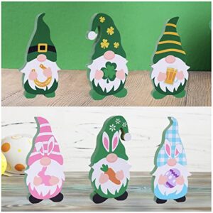 3 pcs st patrick’s day table wooden gnome sign, reversible easter tiered tray decor, self standing blocks green shamrock horseshoe rabbit carrot egg sign for home party decoration