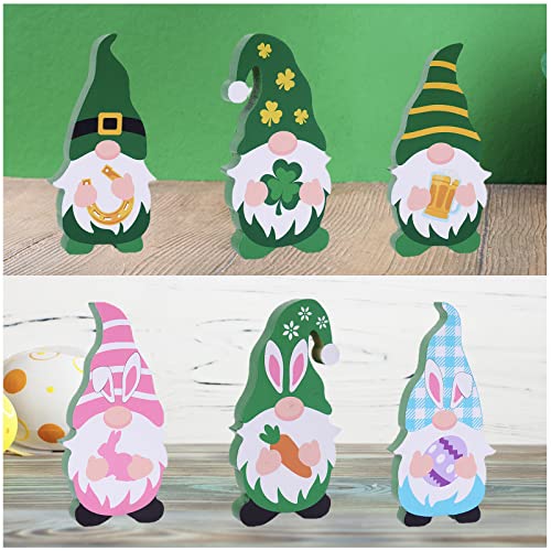 3 Pcs St Patrick's Day Table Wooden Gnome Sign, Reversible Easter Tiered Tray Decor, Self Standing Blocks Green Shamrock Horseshoe Rabbit Carrot Egg Sign for Home Party Decoration