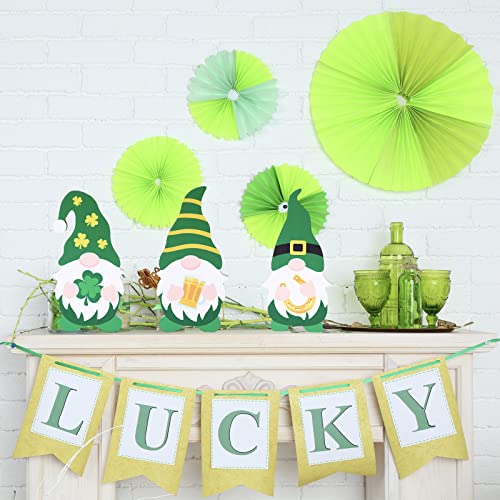 3 Pcs St Patrick's Day Table Wooden Gnome Sign, Reversible Easter Tiered Tray Decor, Self Standing Blocks Green Shamrock Horseshoe Rabbit Carrot Egg Sign for Home Party Decoration