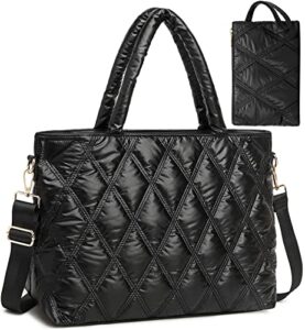 ledaou tote bag women quilted teacher purse and handbags shoulder crossbody puffer hobo bags 2pcs for work office school (black)