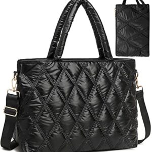 LEDAOU Tote Bag Women Quilted Teacher Purse and Handbags Shoulder Crossbody Puffer Hobo Bags 2pcs for Work Office School (Black)