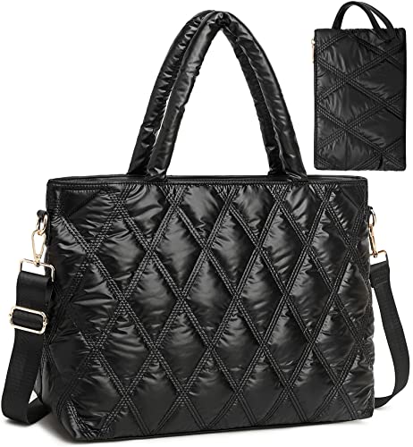 LEDAOU Tote Bag Women Quilted Teacher Purse and Handbags Shoulder Crossbody Puffer Hobo Bags 2pcs for Work Office School (Black)