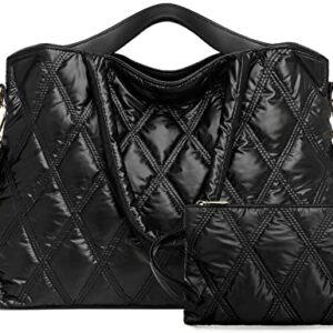 LEDAOU Tote Bag Women Quilted Teacher Purse and Handbags Shoulder Crossbody Puffer Hobo Bags 2pcs for Work Office School (Black)