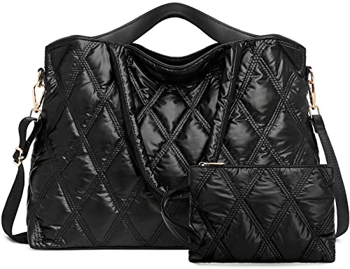 LEDAOU Tote Bag Women Quilted Teacher Purse and Handbags Shoulder Crossbody Puffer Hobo Bags 2pcs for Work Office School (Black)