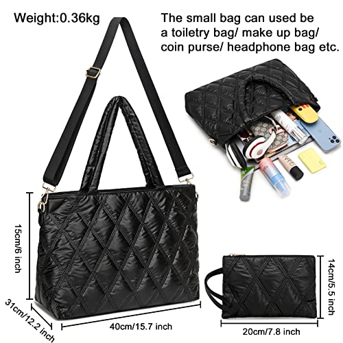 LEDAOU Tote Bag Women Quilted Teacher Purse and Handbags Shoulder Crossbody Puffer Hobo Bags 2pcs for Work Office School (Black)