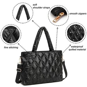 LEDAOU Tote Bag Women Quilted Teacher Purse and Handbags Shoulder Crossbody Puffer Hobo Bags 2pcs for Work Office School (Black)