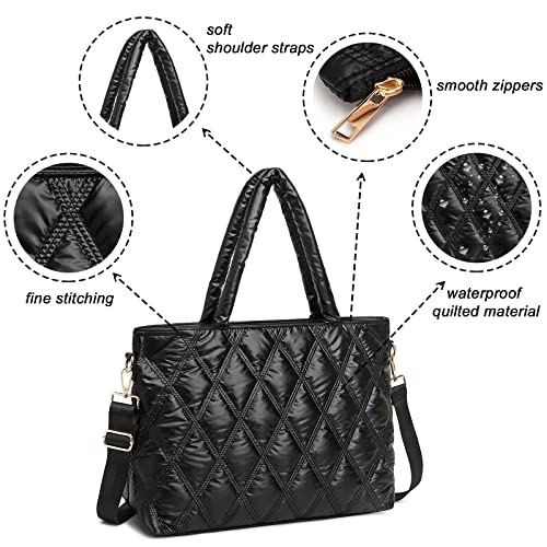 LEDAOU Tote Bag Women Quilted Teacher Purse and Handbags Shoulder Crossbody Puffer Hobo Bags 2pcs for Work Office School (Black)