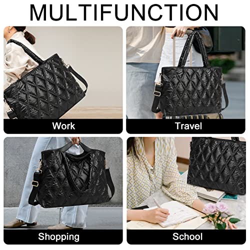 LEDAOU Tote Bag Women Quilted Teacher Purse and Handbags Shoulder Crossbody Puffer Hobo Bags 2pcs for Work Office School (Black)