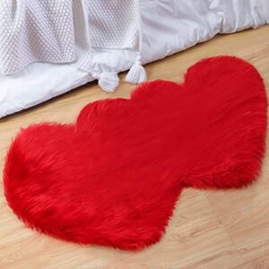 23.6 x 35.4 inch valentine’s day double heart shaped rug heart rug for bedroom fluffy area rugs soft faux fur rug non slip carpet for home living room decor kids nursery girls dorm (red)