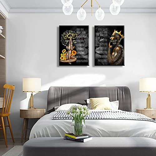 2 Pecs Framed Black King and Queen Wall Art Black Couple African American Men Portrait Wall Art Black Men Art Afro King Poster Abstract Contemporary Canvas Prints Painting Home Decor for Bedroom LivingRoom