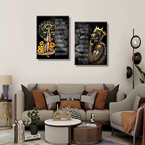 2 Pecs Framed Black King and Queen Wall Art Black Couple African American Men Portrait Wall Art Black Men Art Afro King Poster Abstract Contemporary Canvas Prints Painting Home Decor for Bedroom LivingRoom