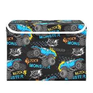 sletend storage box monster truck closet storage bins with lids, foldable oxford fabric storage box for home bedroom closet office (16.5×12.6×11.8 in)