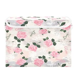 pink rose butterfly storage basket 16.5×12.6×11.8 in collapsible fabric storage cubes organizer large storage bin with lids and handles for shelves bedroom closet office