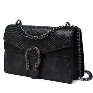 myhozee crossbody bags for women – snake printed clutch purses leather shoulder bags chain strap evening handbags black