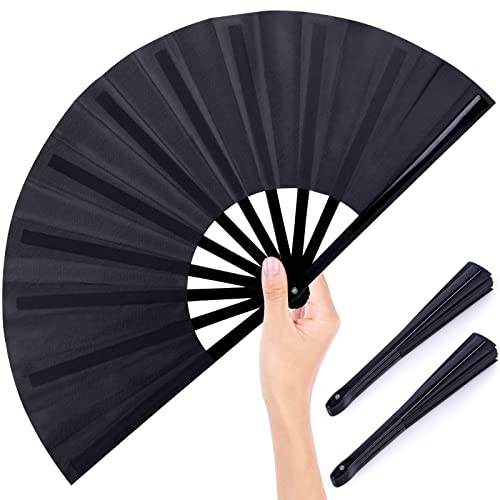 JOHOUSE 3PCS Large Folding Hand Fans, Black Foldable Fabric Fans Handheld Bamboo Fans 13inch Long for Japanese Chinese Kung Fu Performance Party Dance Craft Gift