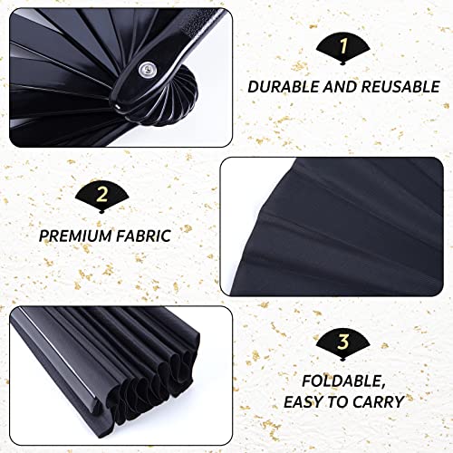 JOHOUSE 3PCS Large Folding Hand Fans, Black Foldable Fabric Fans Handheld Bamboo Fans 13inch Long for Japanese Chinese Kung Fu Performance Party Dance Craft Gift
