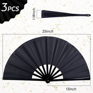 JOHOUSE 3PCS Large Folding Hand Fans, Black Foldable Fabric Fans Handheld Bamboo Fans 13inch Long for Japanese Chinese Kung Fu Performance Party Dance Craft Gift