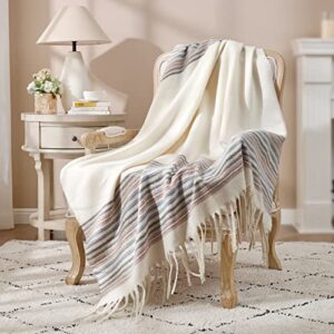 cozy bliss soft cashmere like throw blanket lightweight warm blanket with tassels for couch sofa bedroom travel (ivory)
